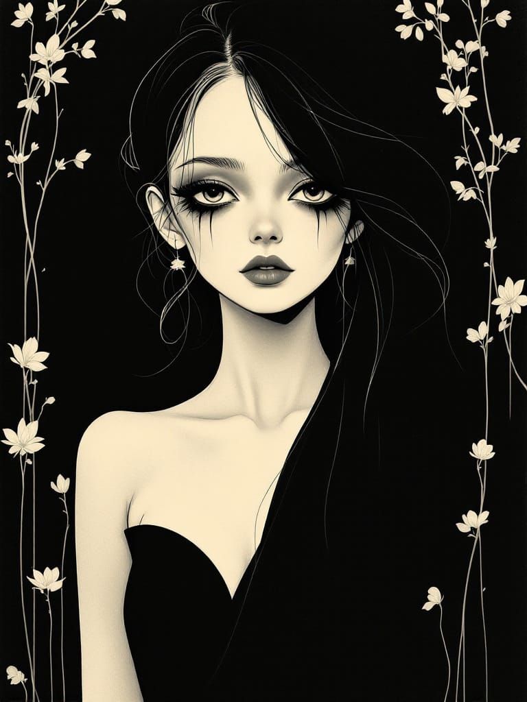 Art Nouveau Pin-Up Woman with Melancholy Eyes