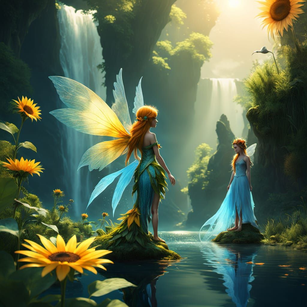 Sunflower Fairy Finds Guidance in Magical Waterfall Scene