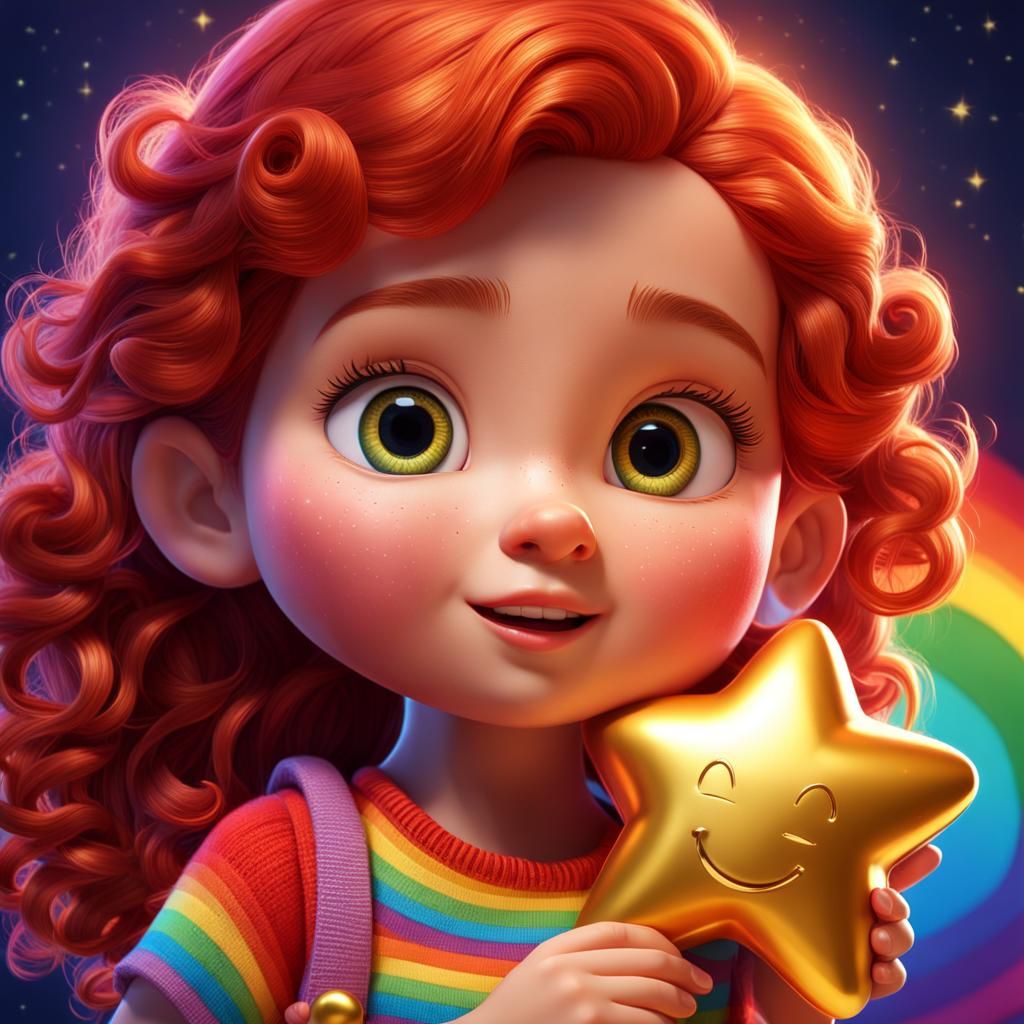 Charming Red-Haired Girl with Star Toy, 3D Digital Art
