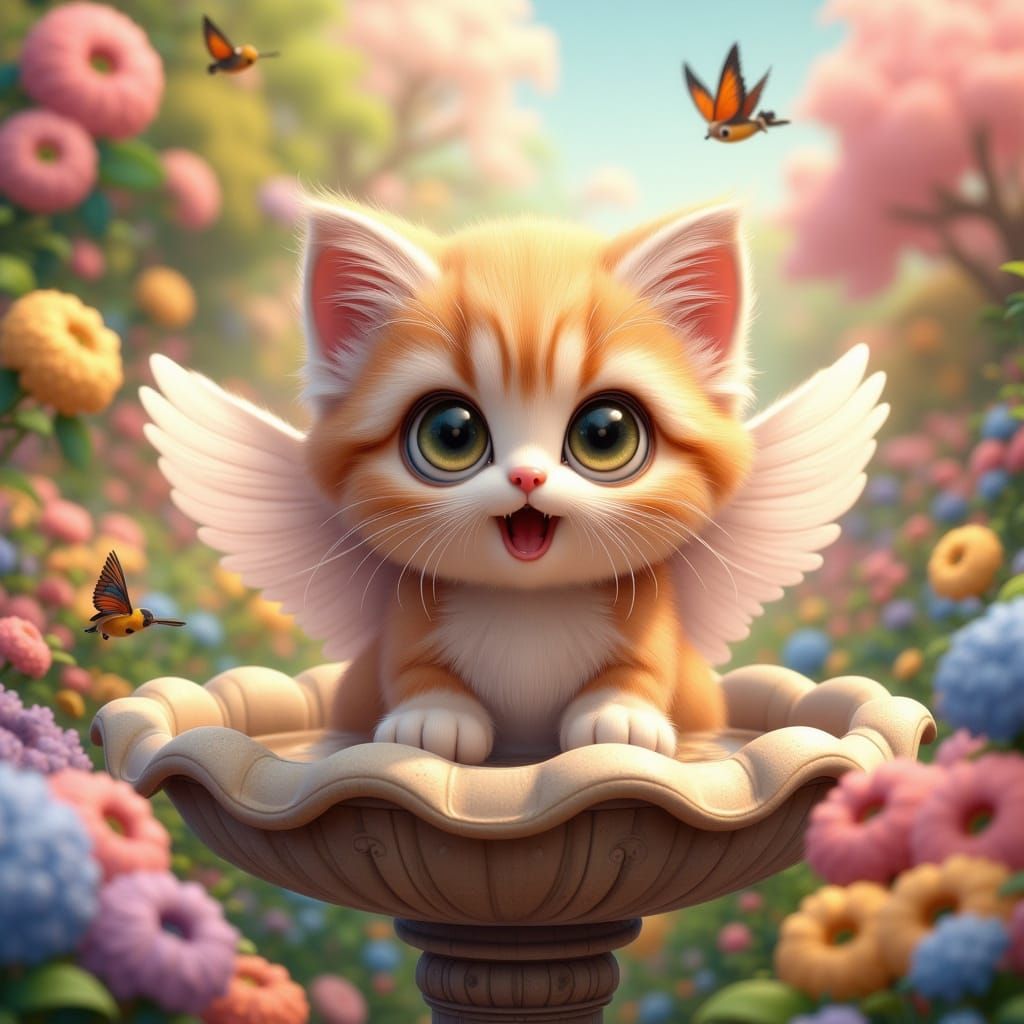 <lora:Ultra Cute Flux:1.0>
Adorably cute kitten with wings. Sitting on a bird bath. He looks like he ate the canary. Pla...