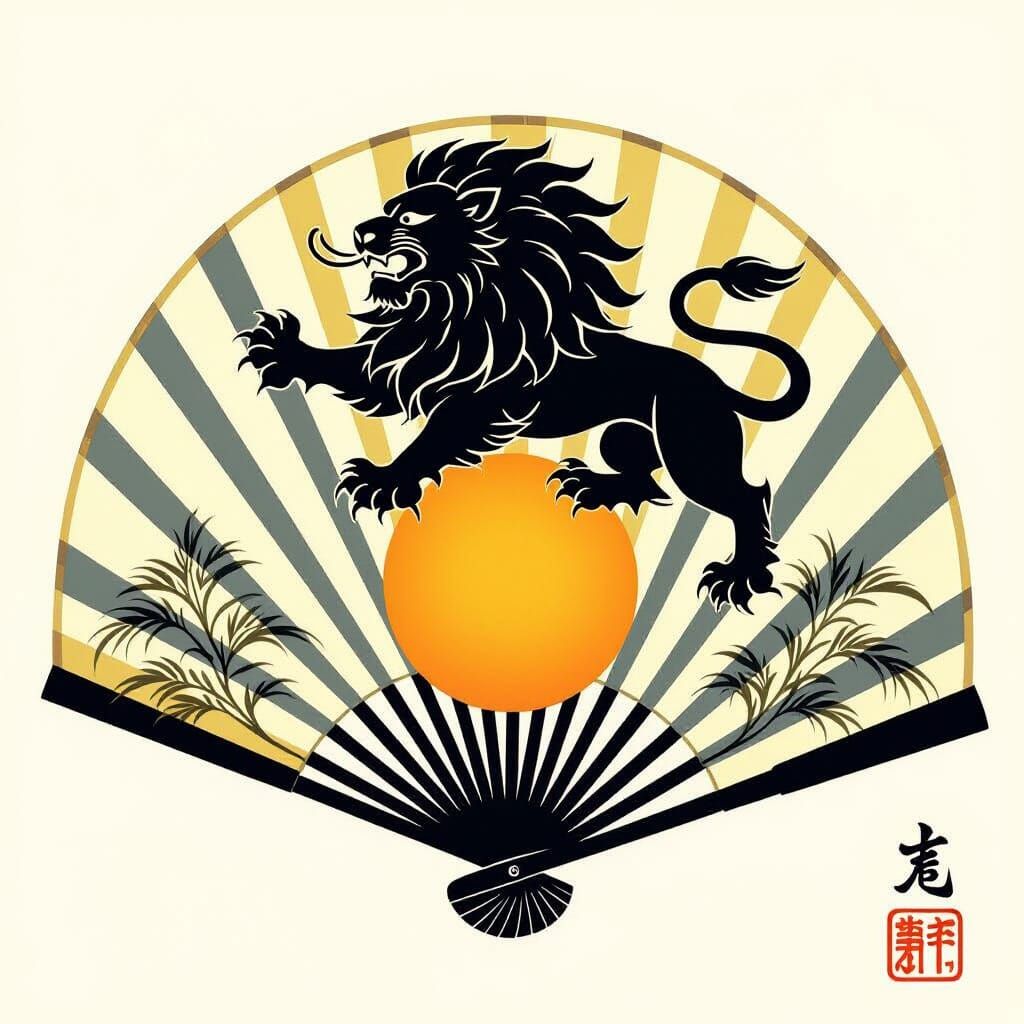 Traditional Japanese Kamon Leo Lion Glyph with Sun Disc
