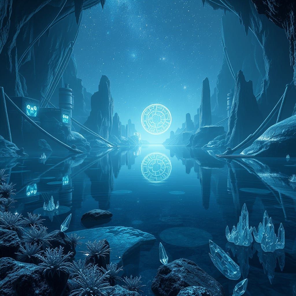 Ethereal Subterranean Lake amidst Ancient Dwemer Ruins