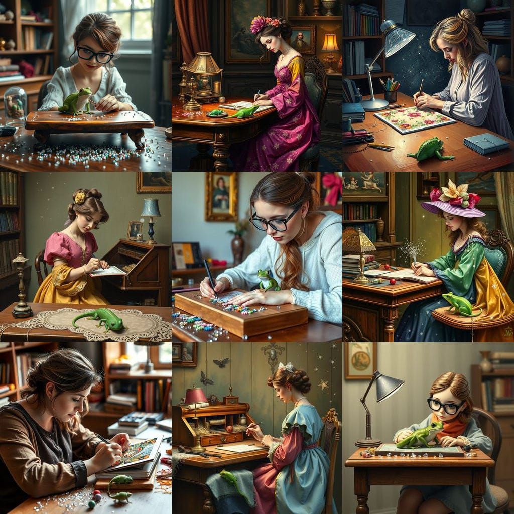 Woman Doing Diamond Painting at Desk with Frog