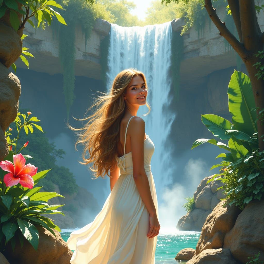 Woman by Waterfall in Soft Light Digital Landscape