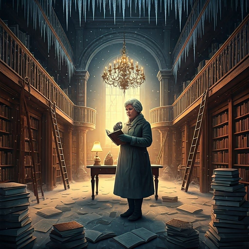 A grand, wood-paneled library with icicles