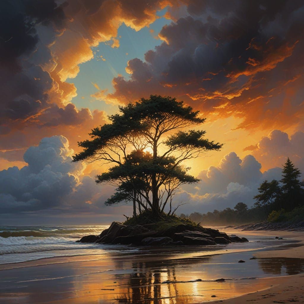 Golden Light on Wooded Shores: Oil Painting