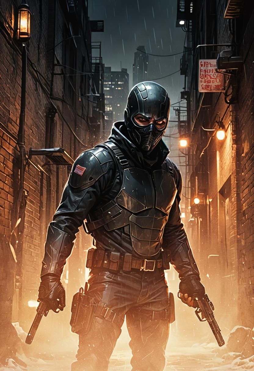 Vigilante Anti-Hero in Gotham-esque Cityscape