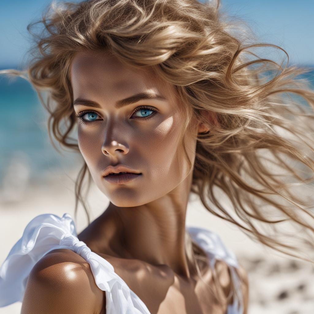 Sensual Tanned Woman on Beach with White Hair