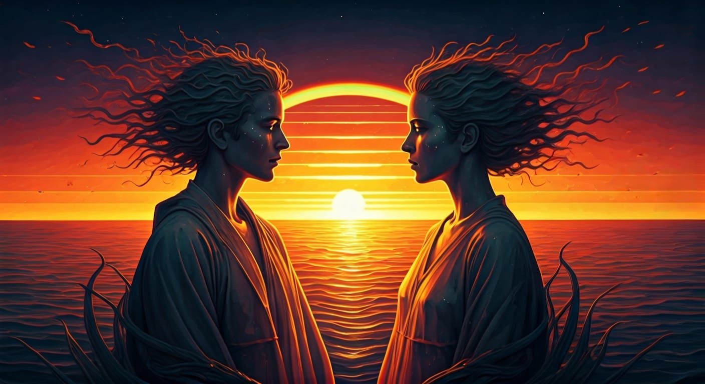 Figures in Sunset Hues, Dreamlike Illustration