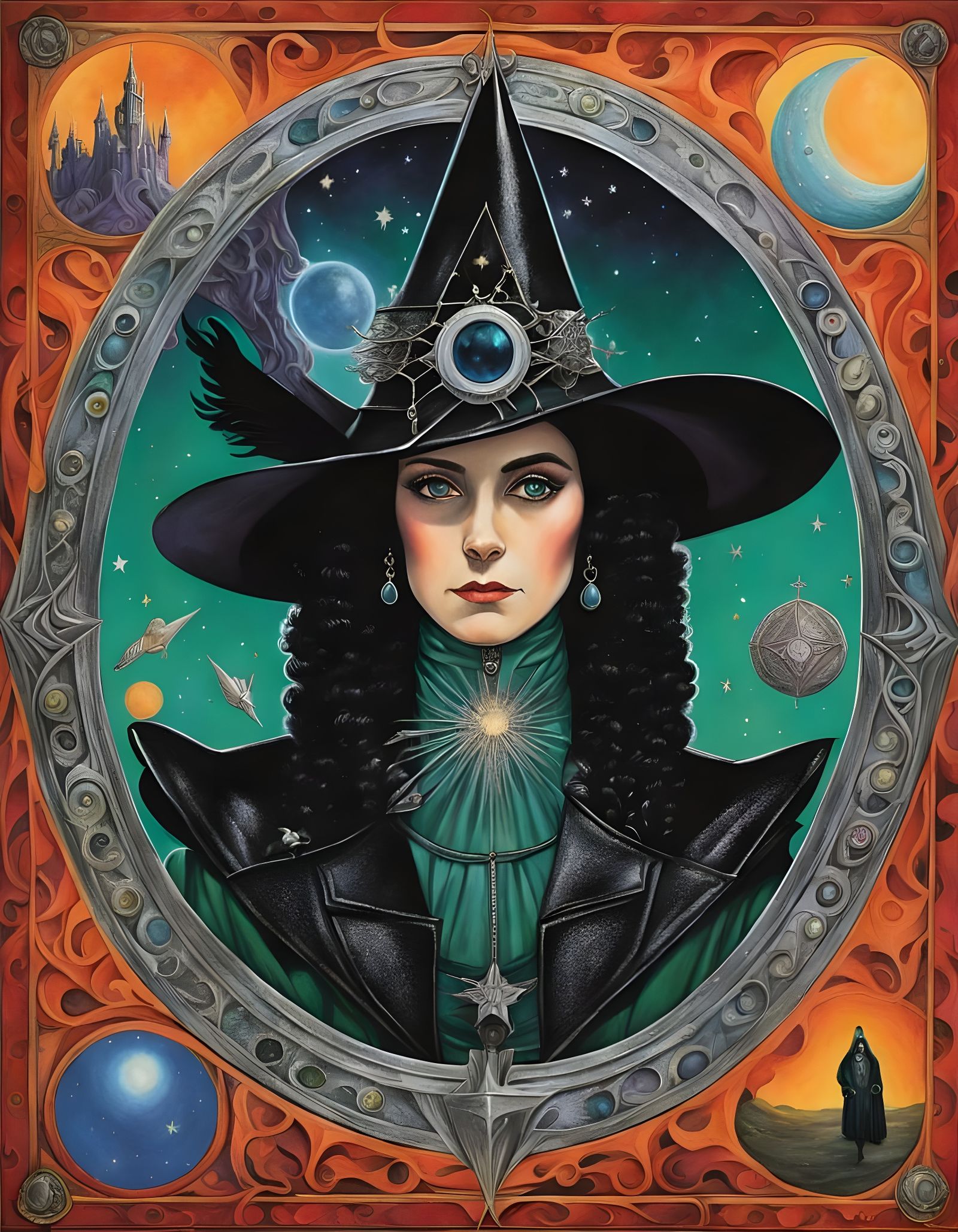 Mysterious Leather Witch in Cosmic Mannerist Style