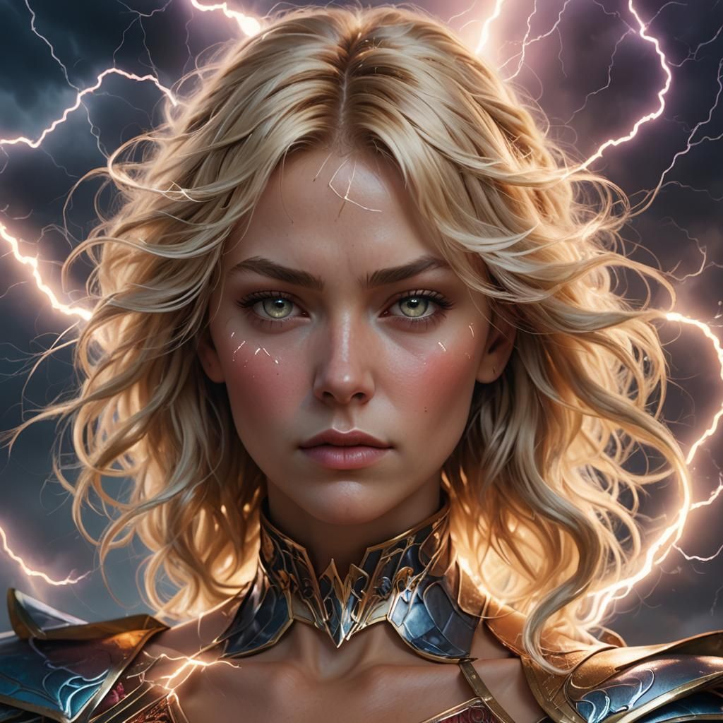 Blonde Woman Portrait Struck by Lightning, Art Nouveau