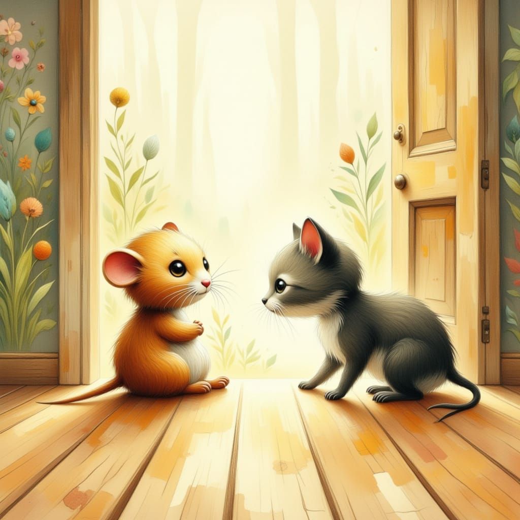 Kitten Gazes at Toy Mouse in Watercolor Style