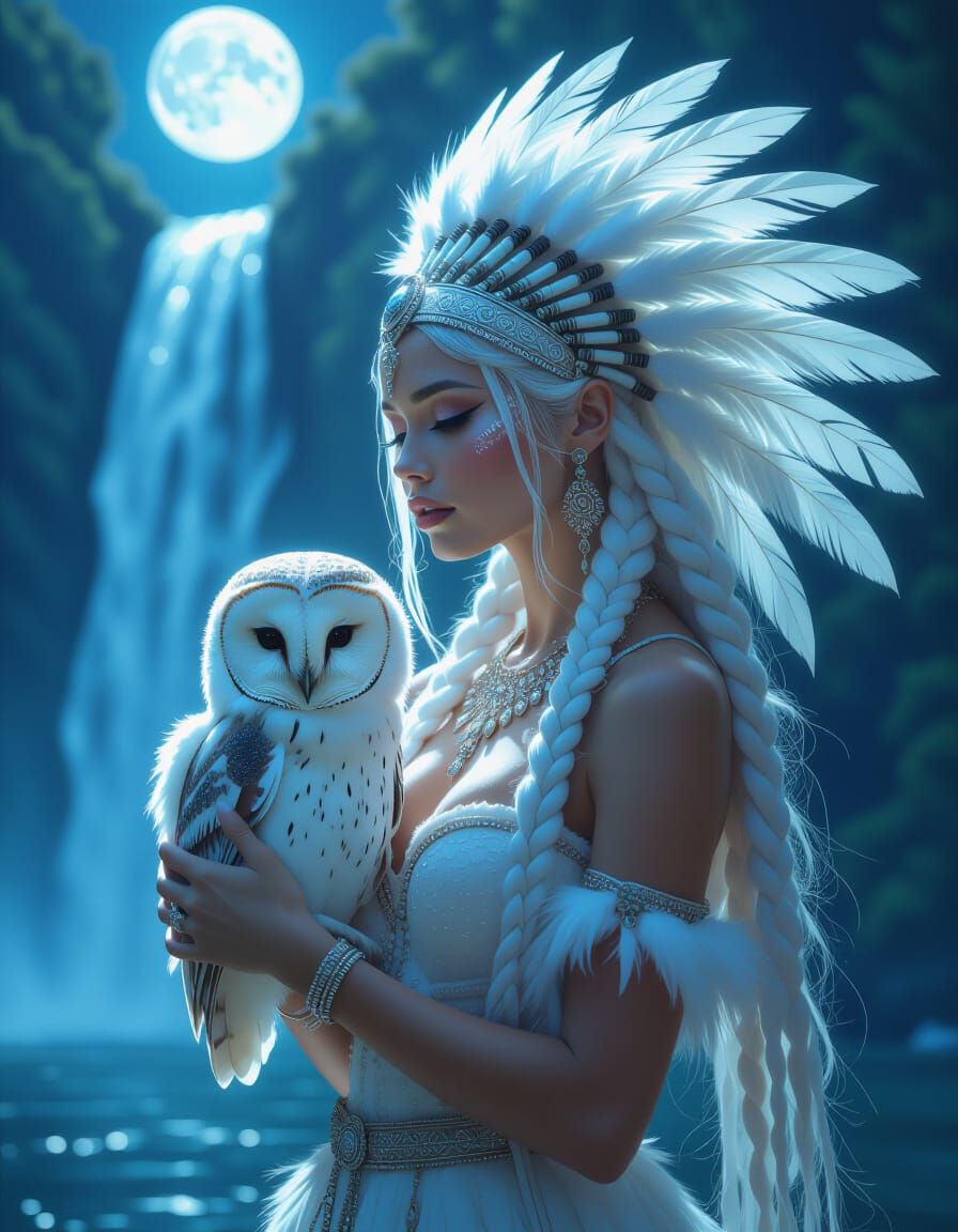 Albino Woman with Owl in Ethereal Moonlight Waterfall