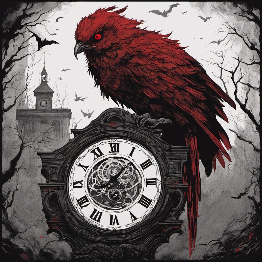 Sinister Cuckoo Clock at Midnight, Horror Illustration