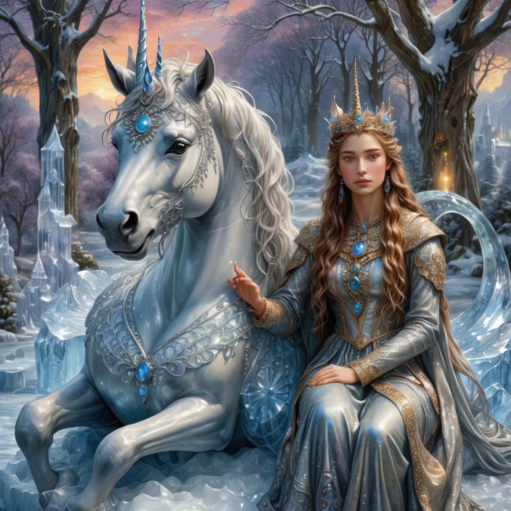 Medieval Woman on Ice Unicorn in Fantasy Land