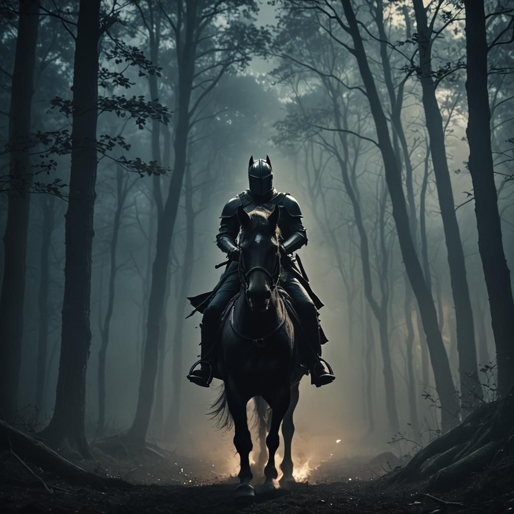 Smoked Knight on Horseback in Misty Forest