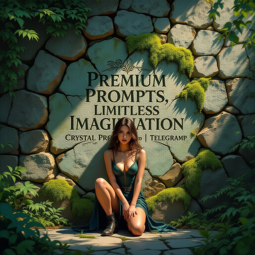 Woman Posing Before Engraved Stone Wall, Matte Painting