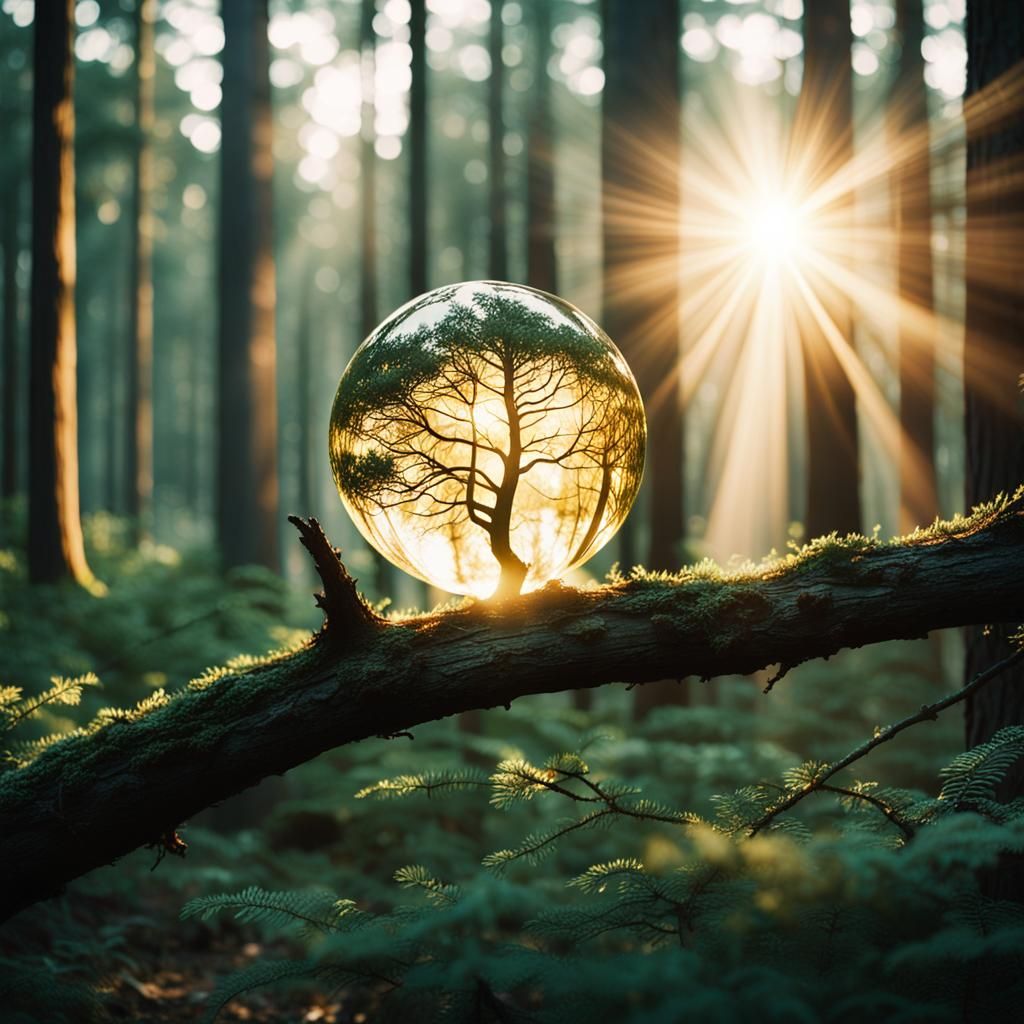 Glowing Orb Illuminates Forest at Sunrise