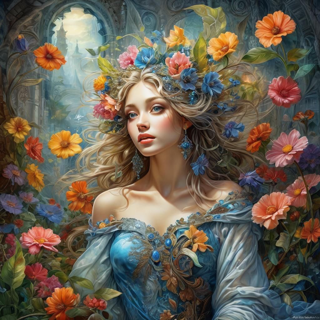 Romantic Woman in Dreamy Floral Sketch Style