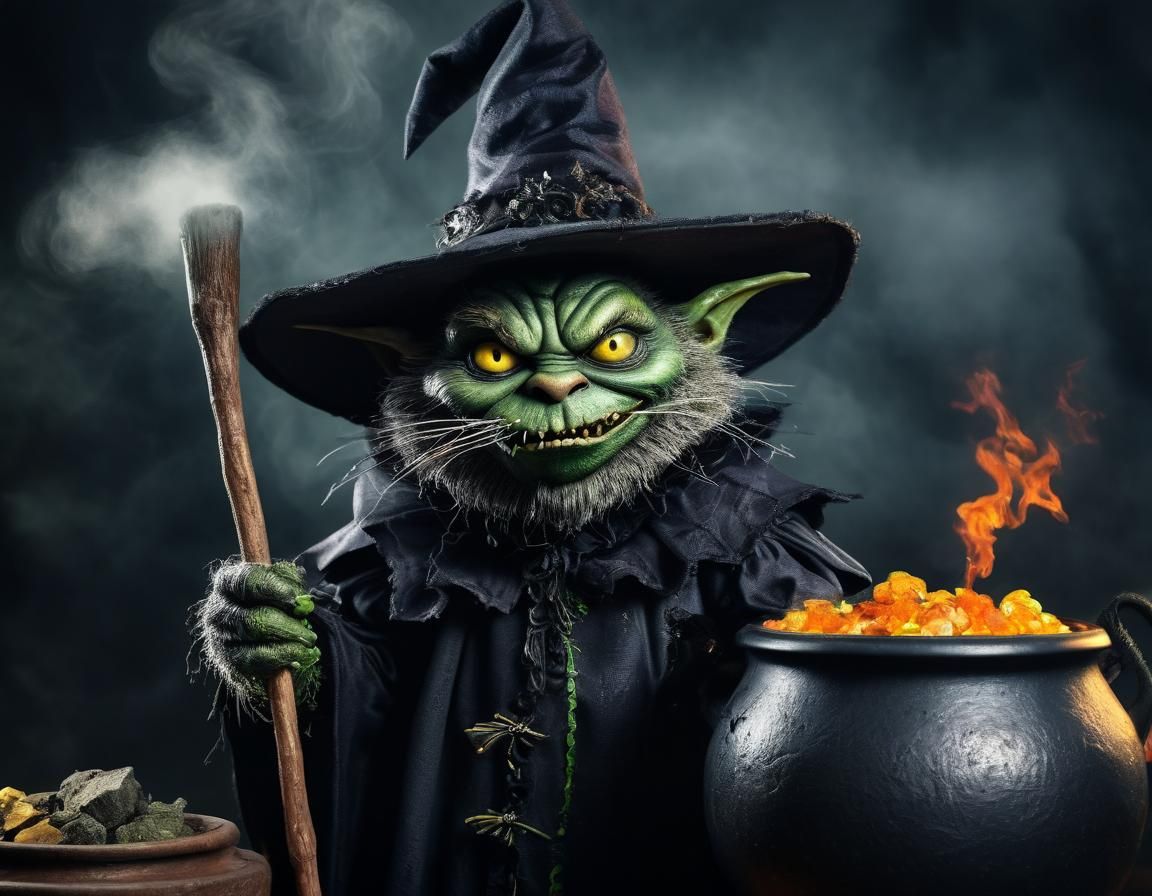 Cat Witch with Cauldron in Halloween of Oz