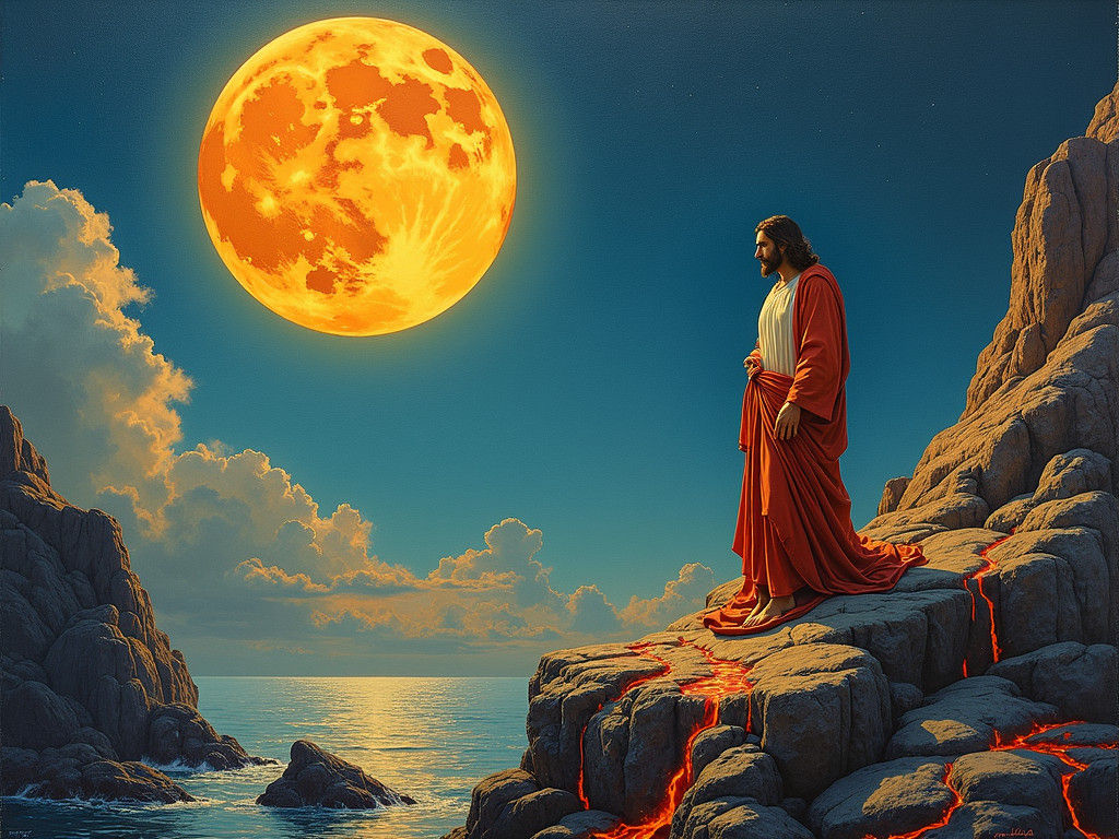 Christ Under a Giant Moon: Surreal Oil Painting