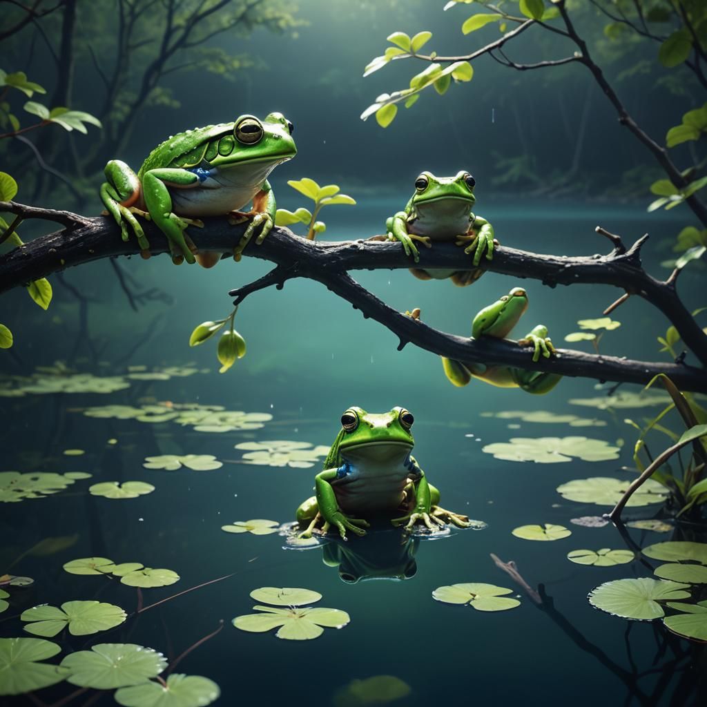 Neon Frogs Over Misty Lake: Nature Photography