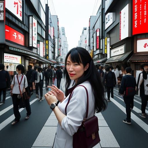A frantic, hyper tourist in the Tokyo streets checking the watch and looking around at all the Tokyo sights and trying t...