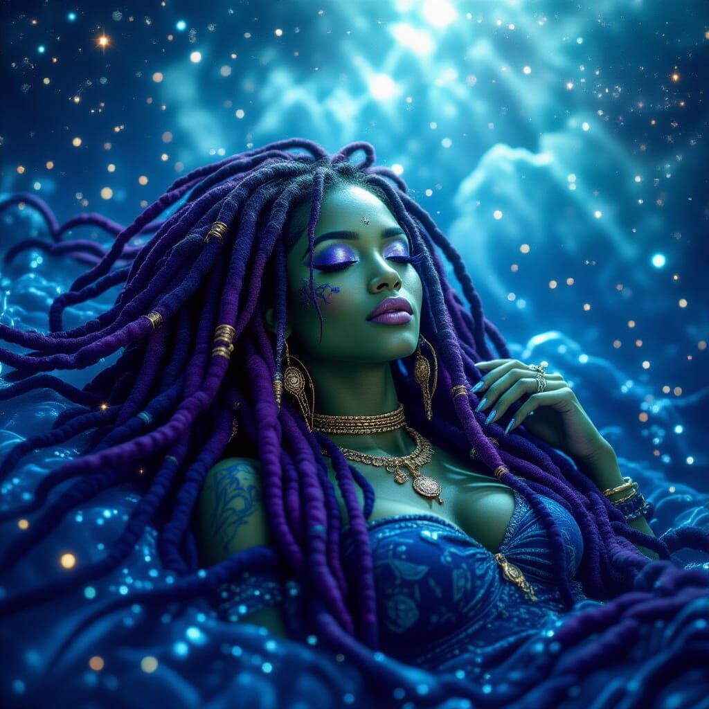 Woman with Purple Dreadlocks Floating in Cosmic Stars
