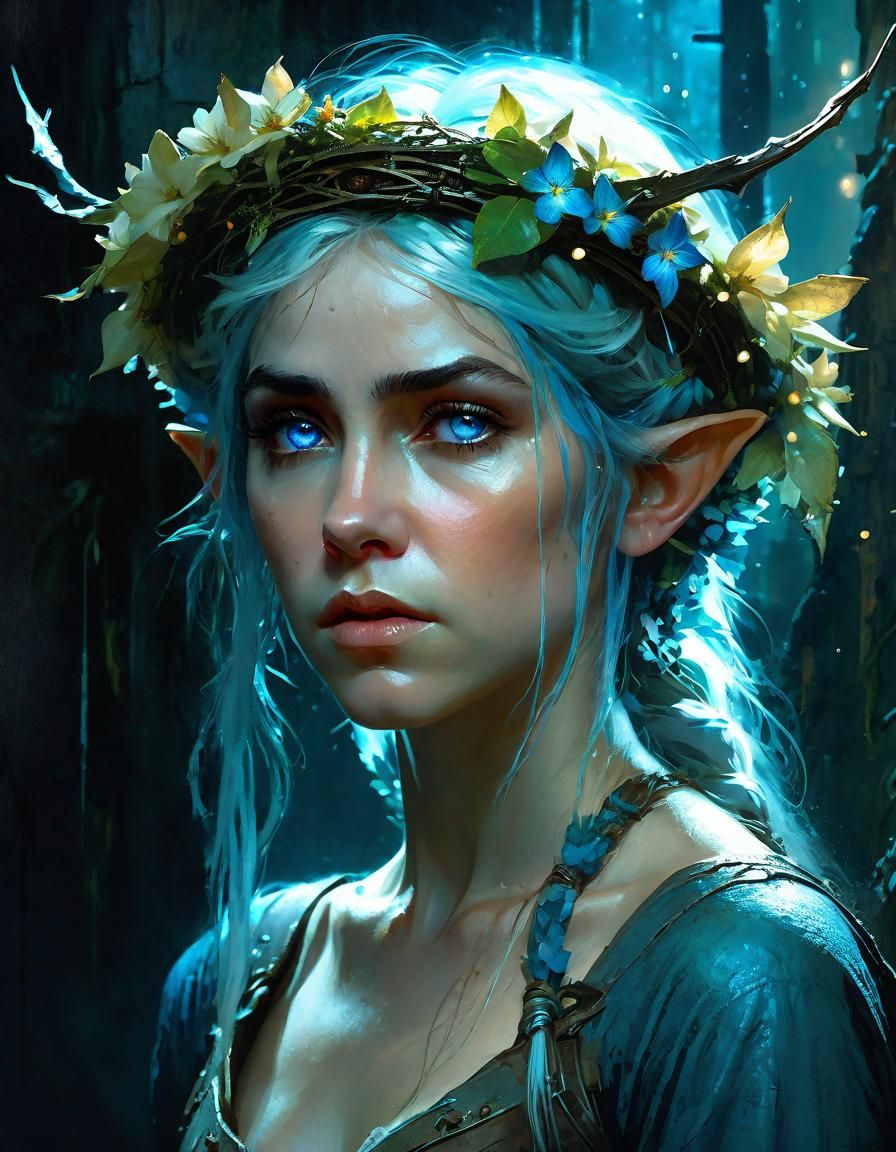 Sorrowful Elf Portrait in Vintage Illustration Style