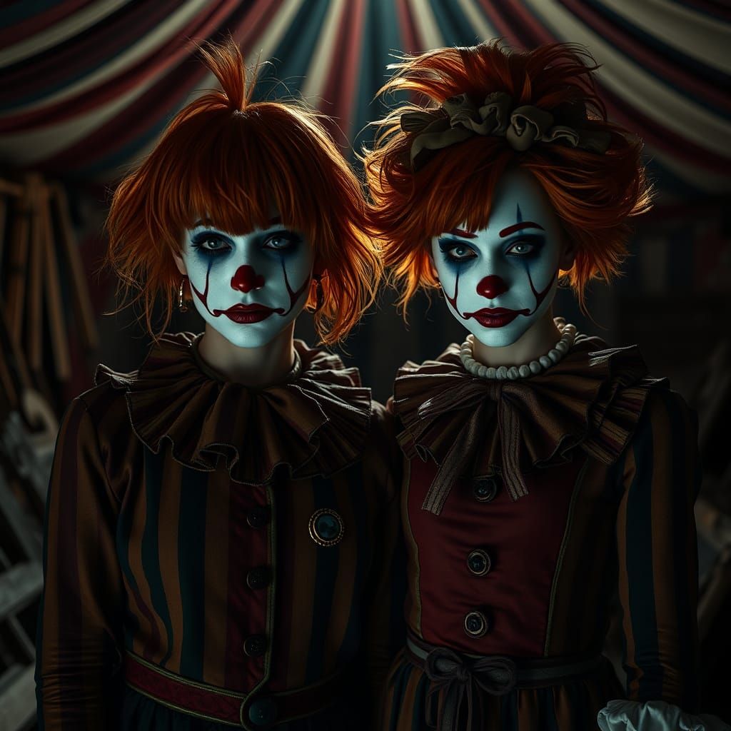 Melancholic Clown Sisters in Dim Circus Backstage