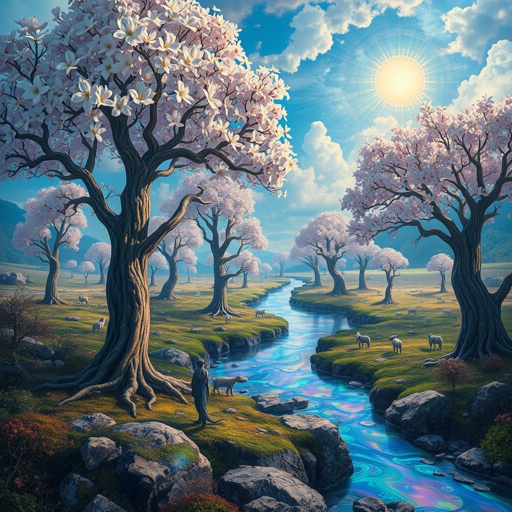 Ethereal Dreamscape with Crystal Trees and Liquid Opal River...