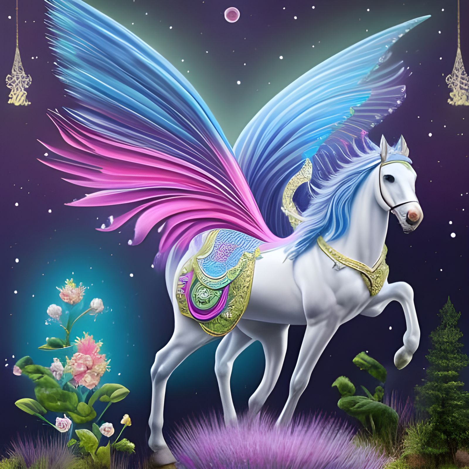 Fairy Riding Bioluminescent Neon Unicorn Watercolor Painting