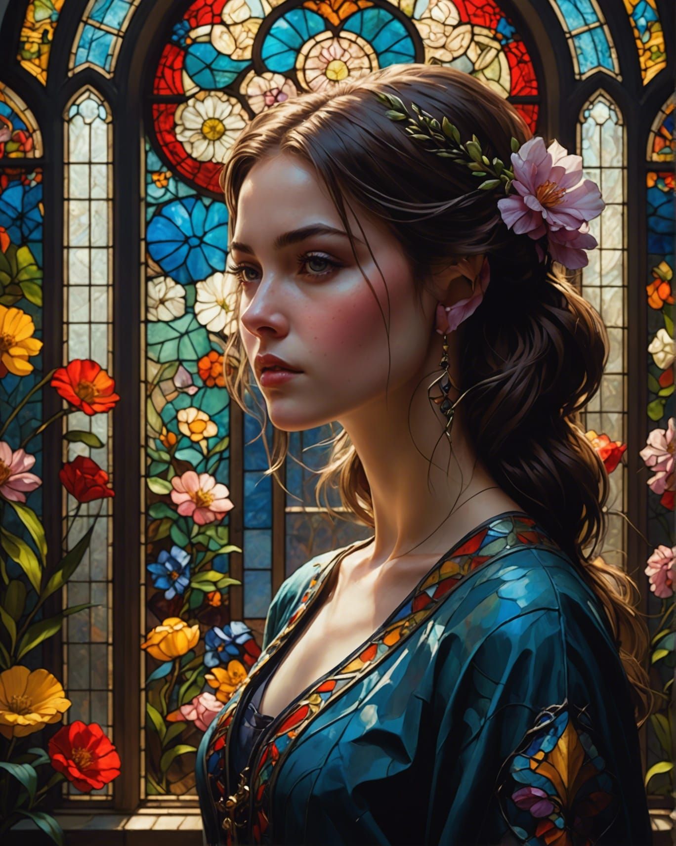 Italian Girl with Flowery Stained Glass Window