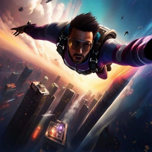 Cyberpunk Skydiver Descends into Dystopian Cityscape
