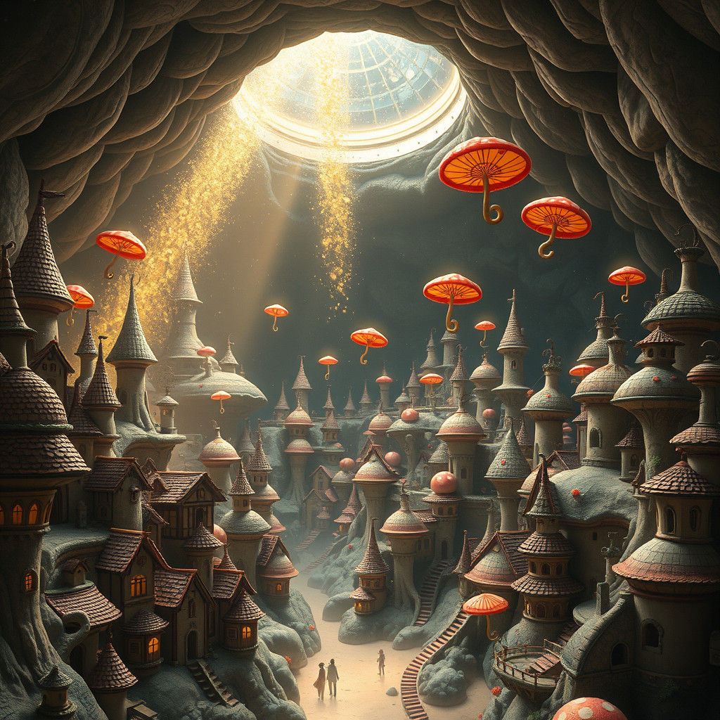 Whimsical Subterranean Metropolis in Detailed Matte Painting...