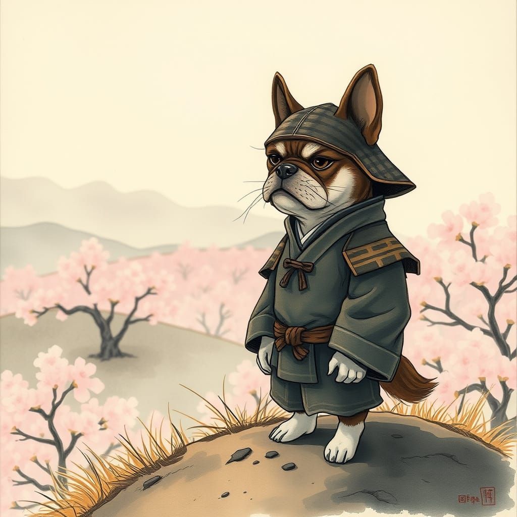 Serene Samurai Canine Contemplates Cherry Blossoms