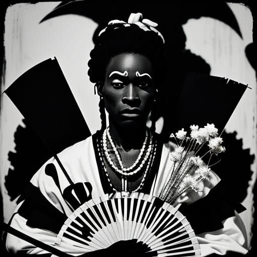 Film Noir Voodoo Priest with Flowers and Fan