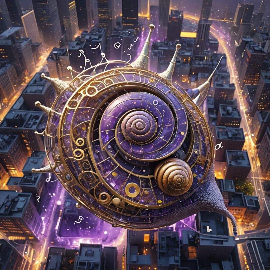 Musical Snail Soaring Over City: Digital Matte Painting