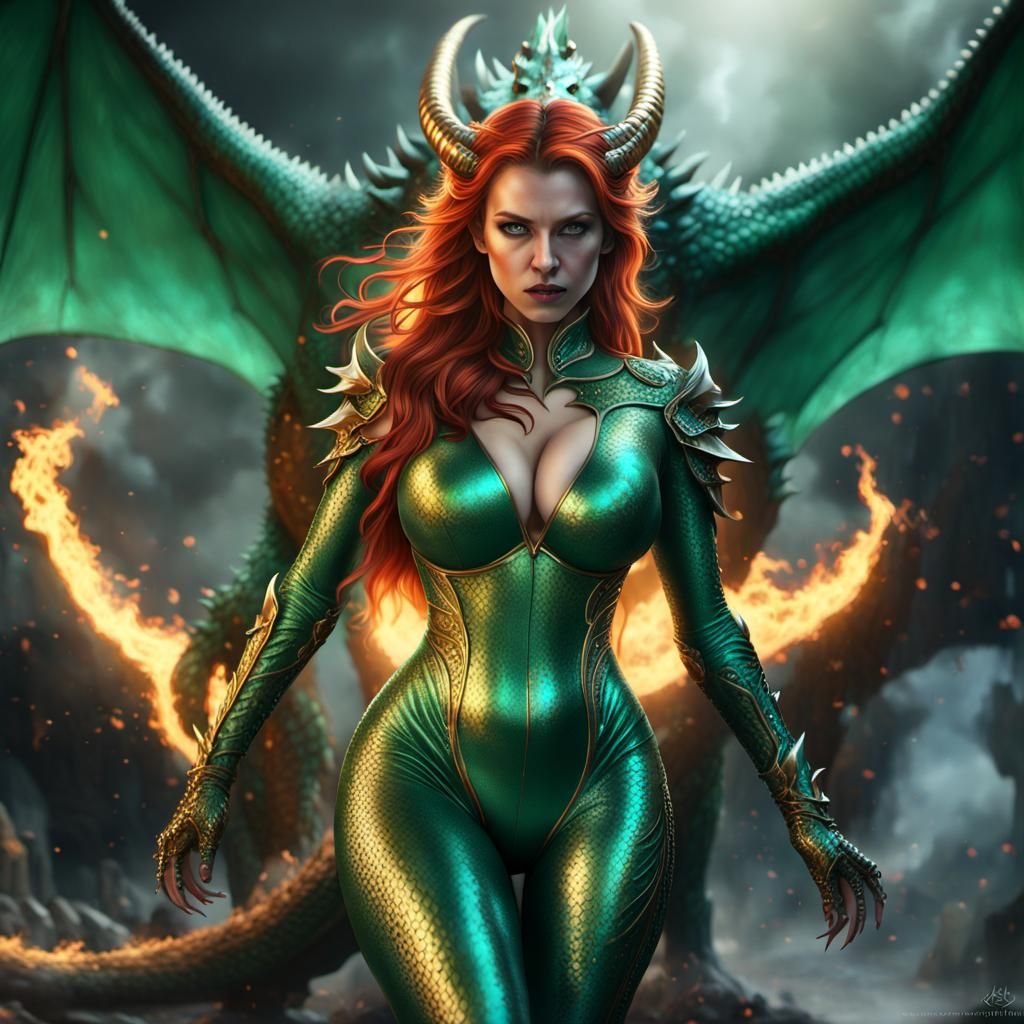 Devil Goddess with Dragon in Dark Fantasy Style