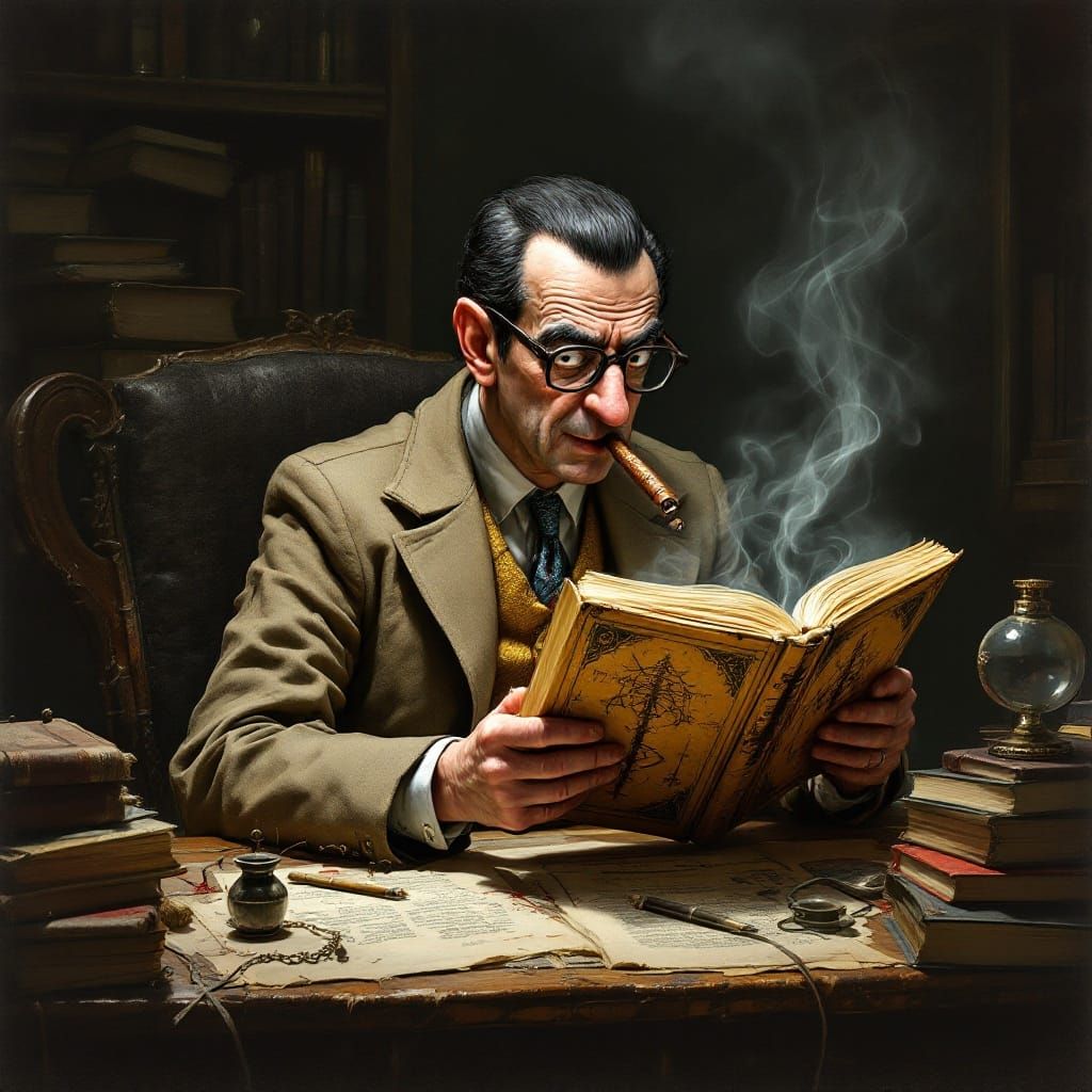 Dark Academic Bespectacled Gentleman Reads Ancient Tome in S...