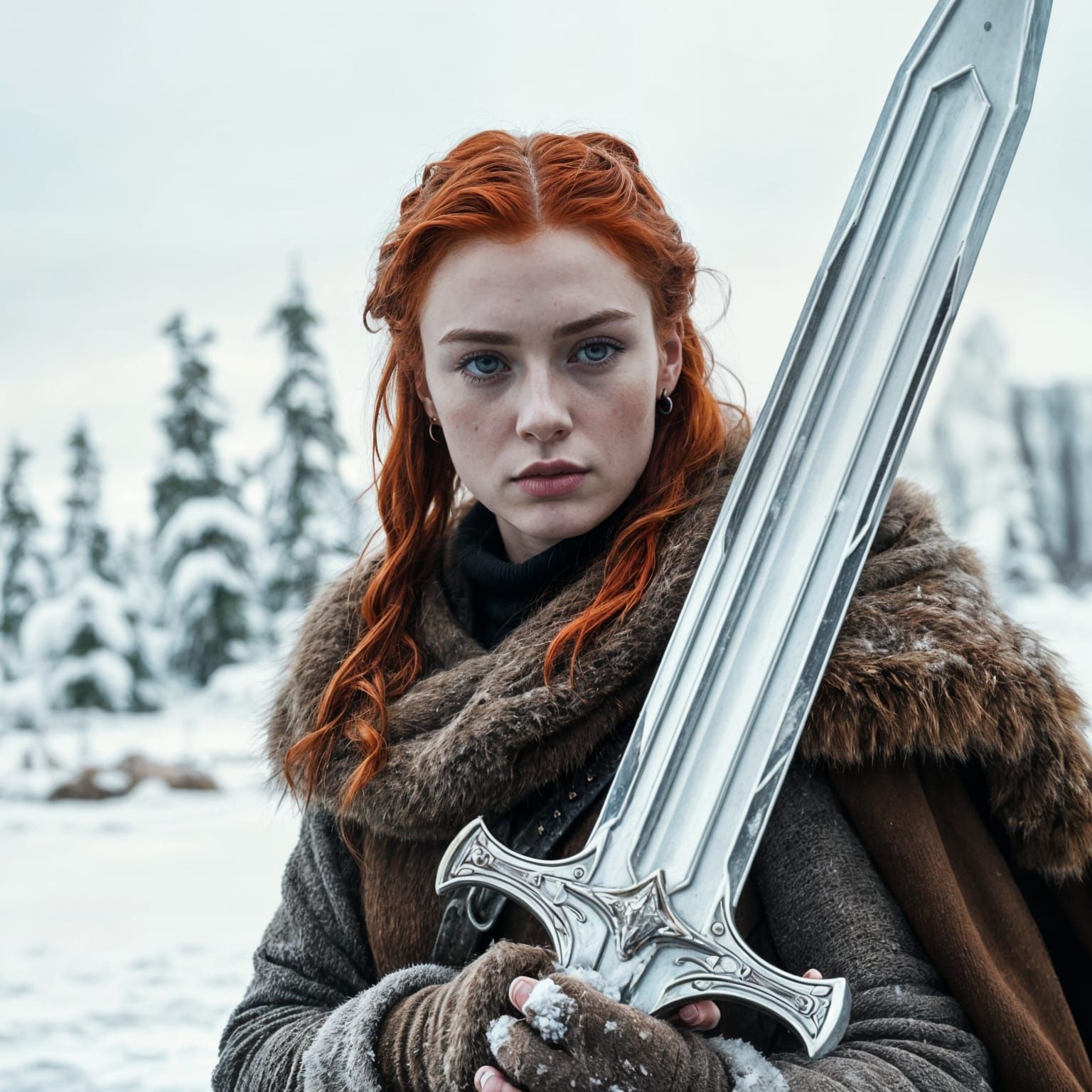 Determined Sansa Stark Holds Ice Sword in Winter Wilderness
