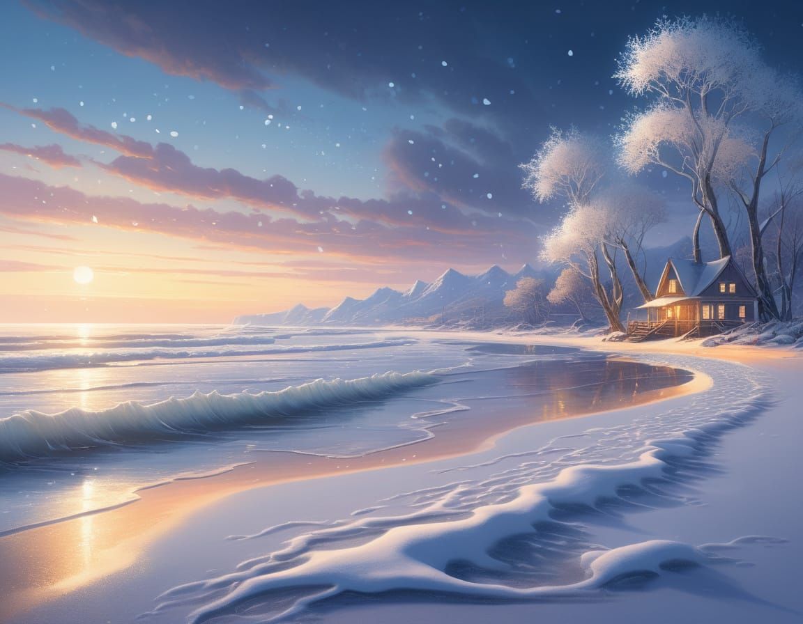Icy Winter Beach in Ethereal Fantasy Art Style