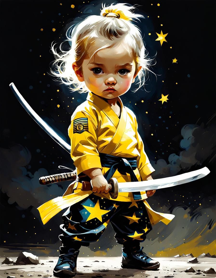 Chibi Beatrix Kiddo in Mixed-Media Fantasy Illustration