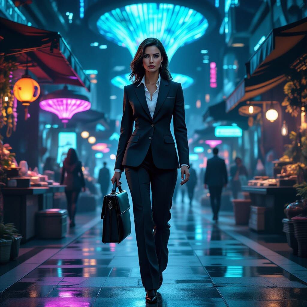 Businesswoman in Futuristic Alien Marketplace