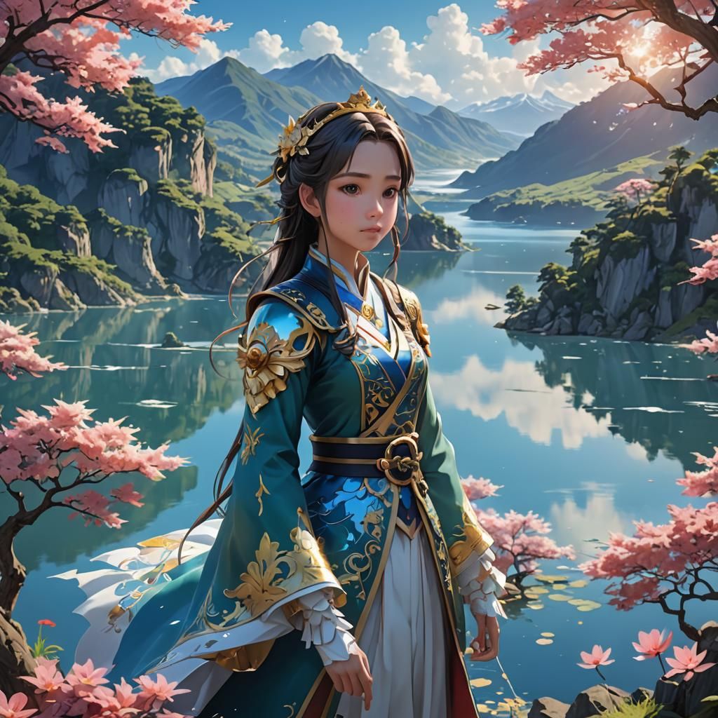 Anime Princess Floating Above Deep Lake in 3D