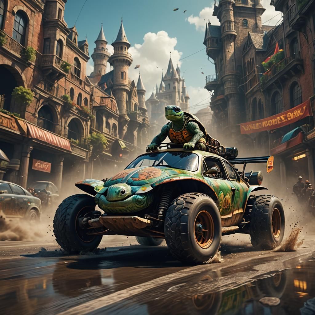 Turtle Driving a Racecar in Detailed Matte Painting