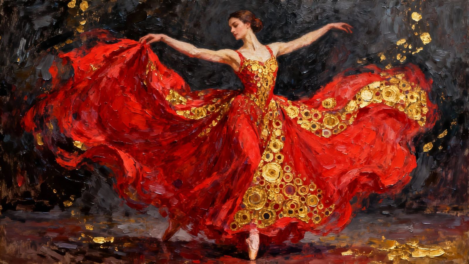 Ballerina in Red Dress with Golden Patterns, Impasto Style