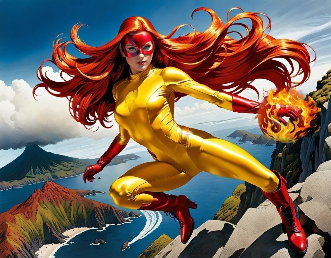Flaming Comic Art Woman in Fiery Display