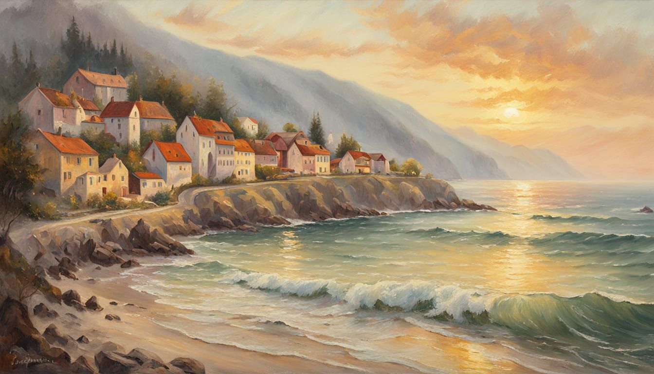 Austrian Coast Oil Painting: Dreamy Coastal Town