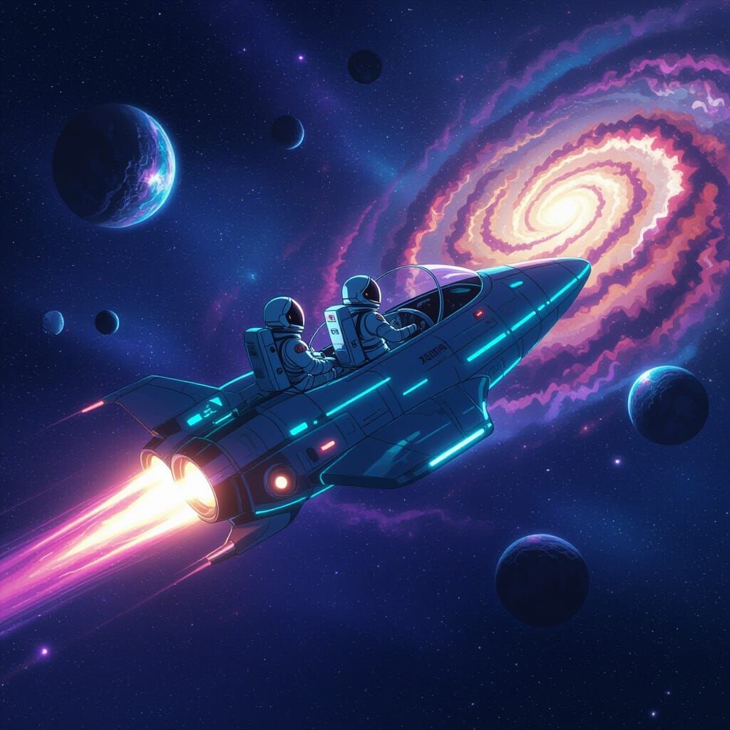 Astronaut in Spaceship Soaring Through Swirling Galaxies